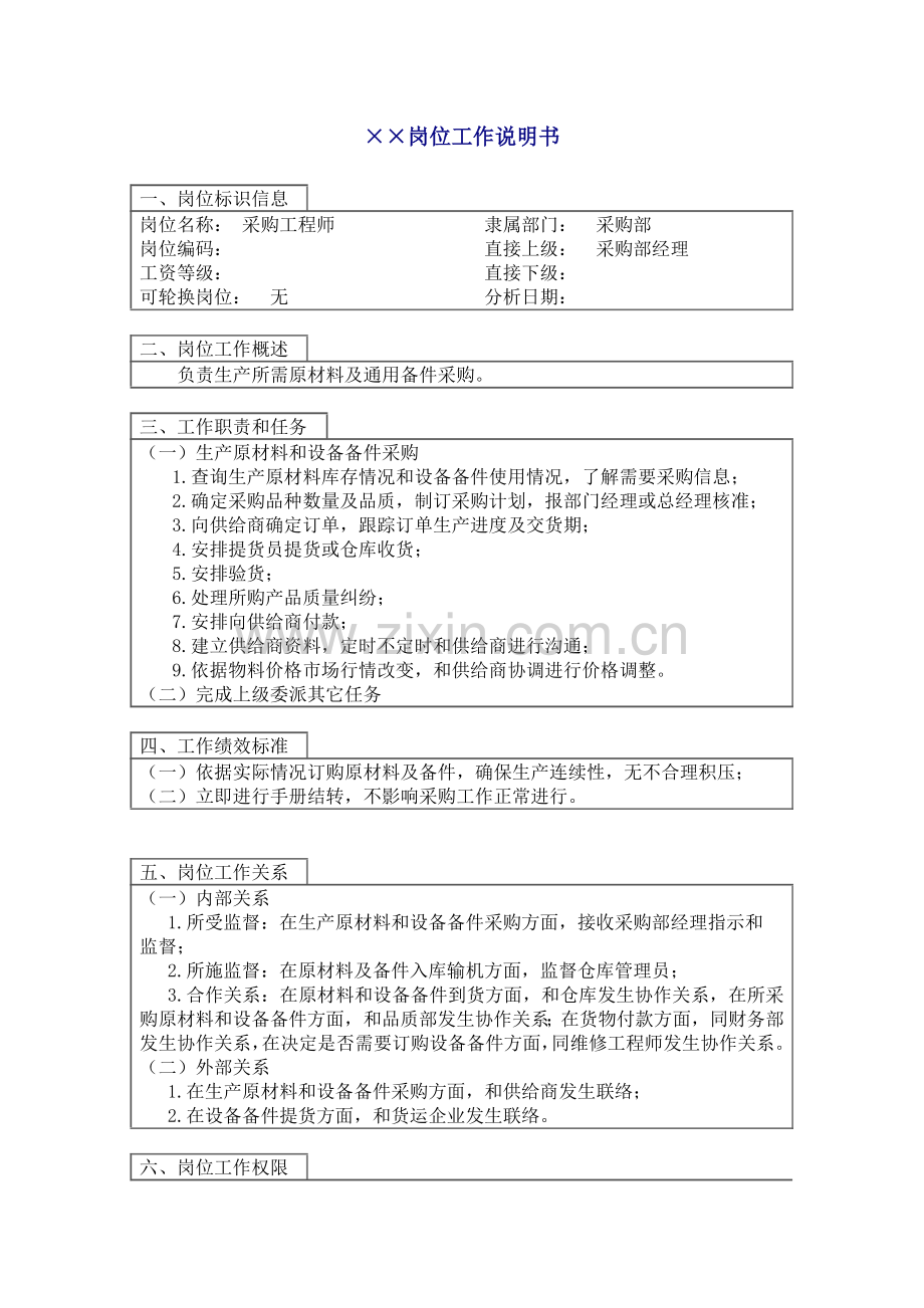 公司采购工程师岗位工作说明书样本.doc_第1页