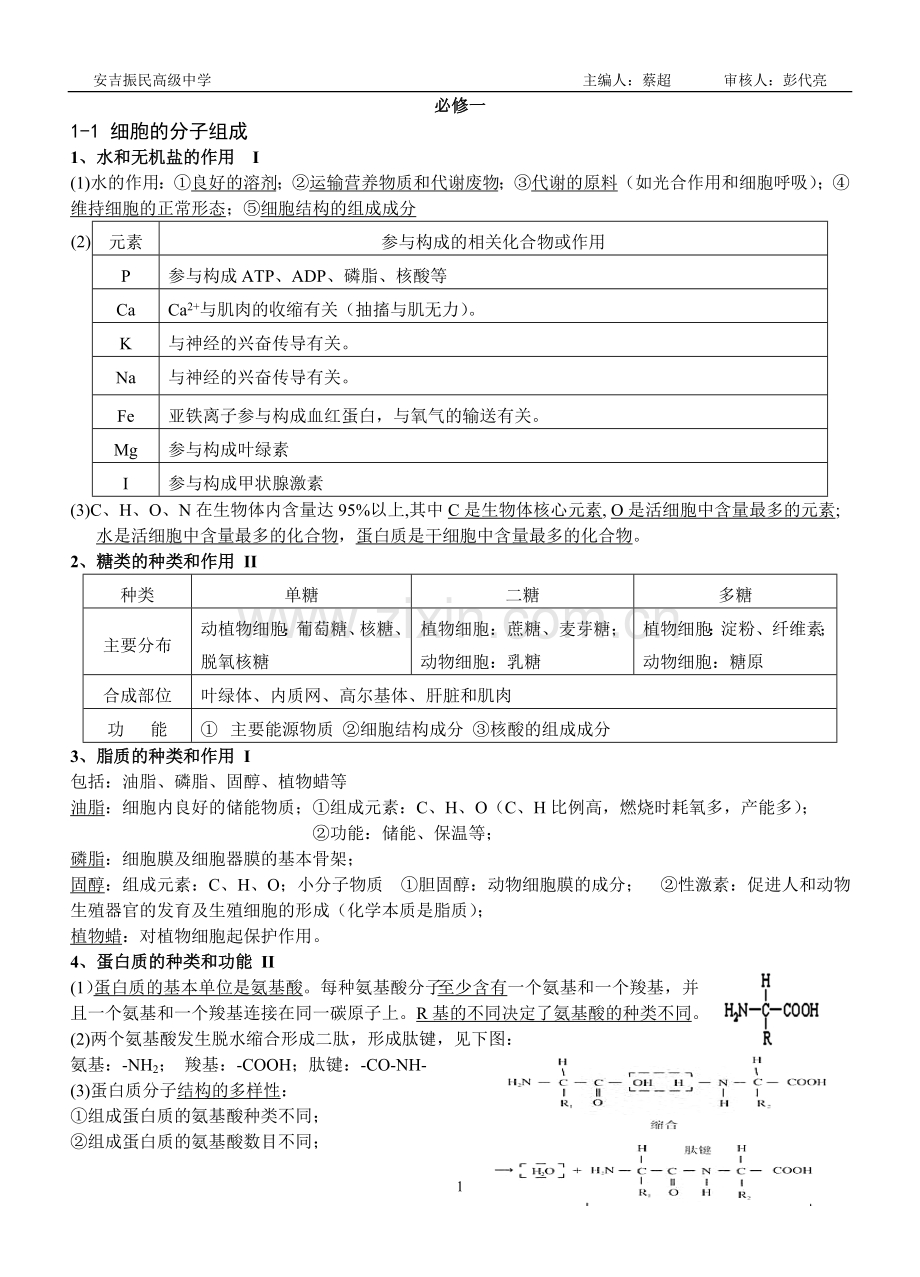 浙教版高中生物必修1知识点复习进程.doc_第1页