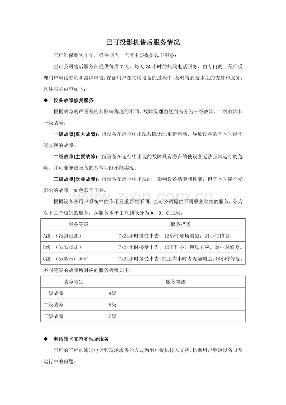 巴可投影机售后服务情况.doc_第1页