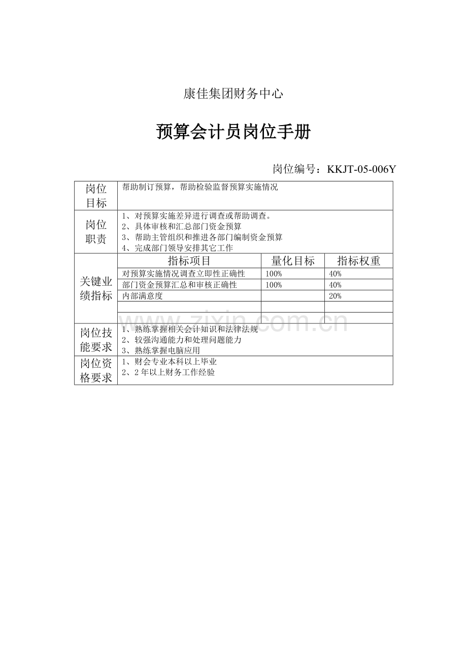 预算会计员岗位说明书样本.doc_第1页