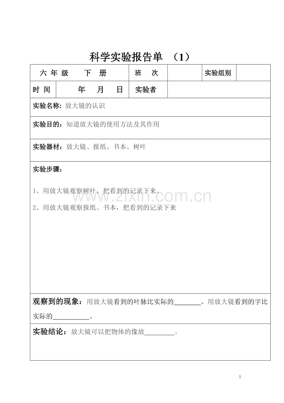 六年级下册科学实验报告单.doc_第1页