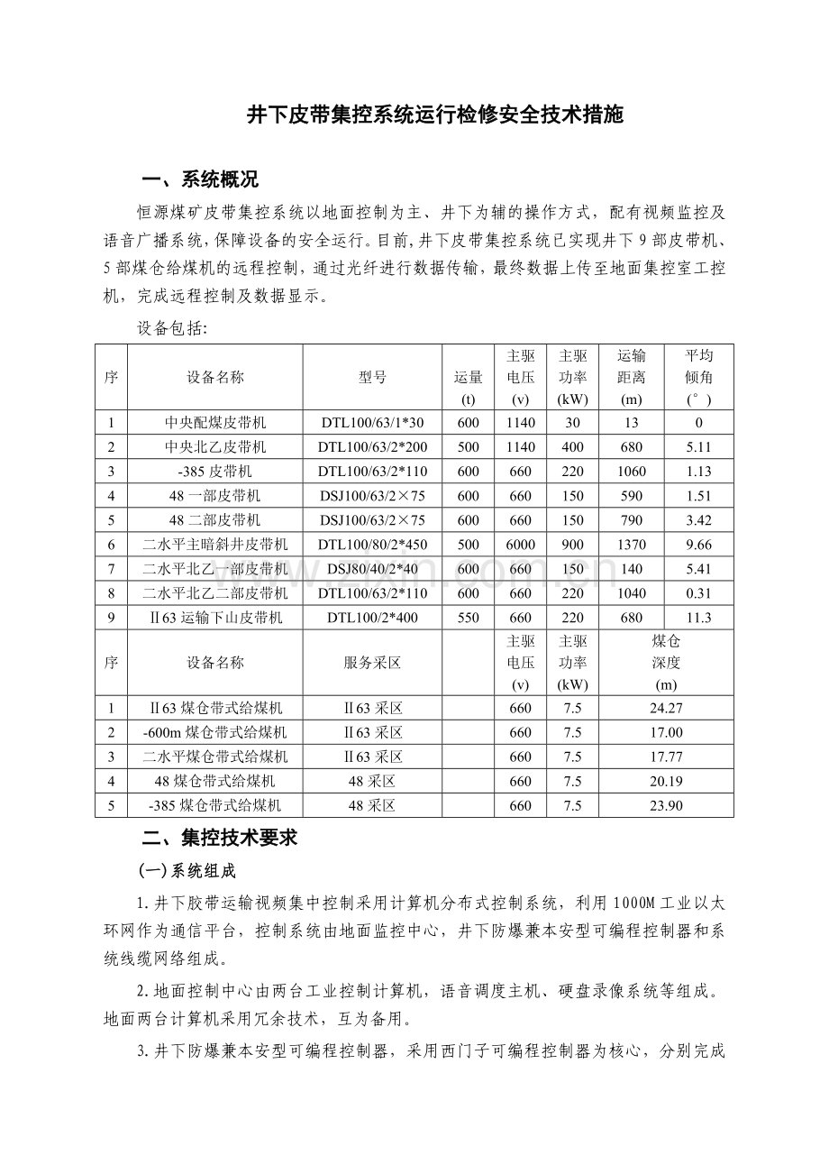 井下皮带集控系统运行检修安全技术措施.doc_第1页