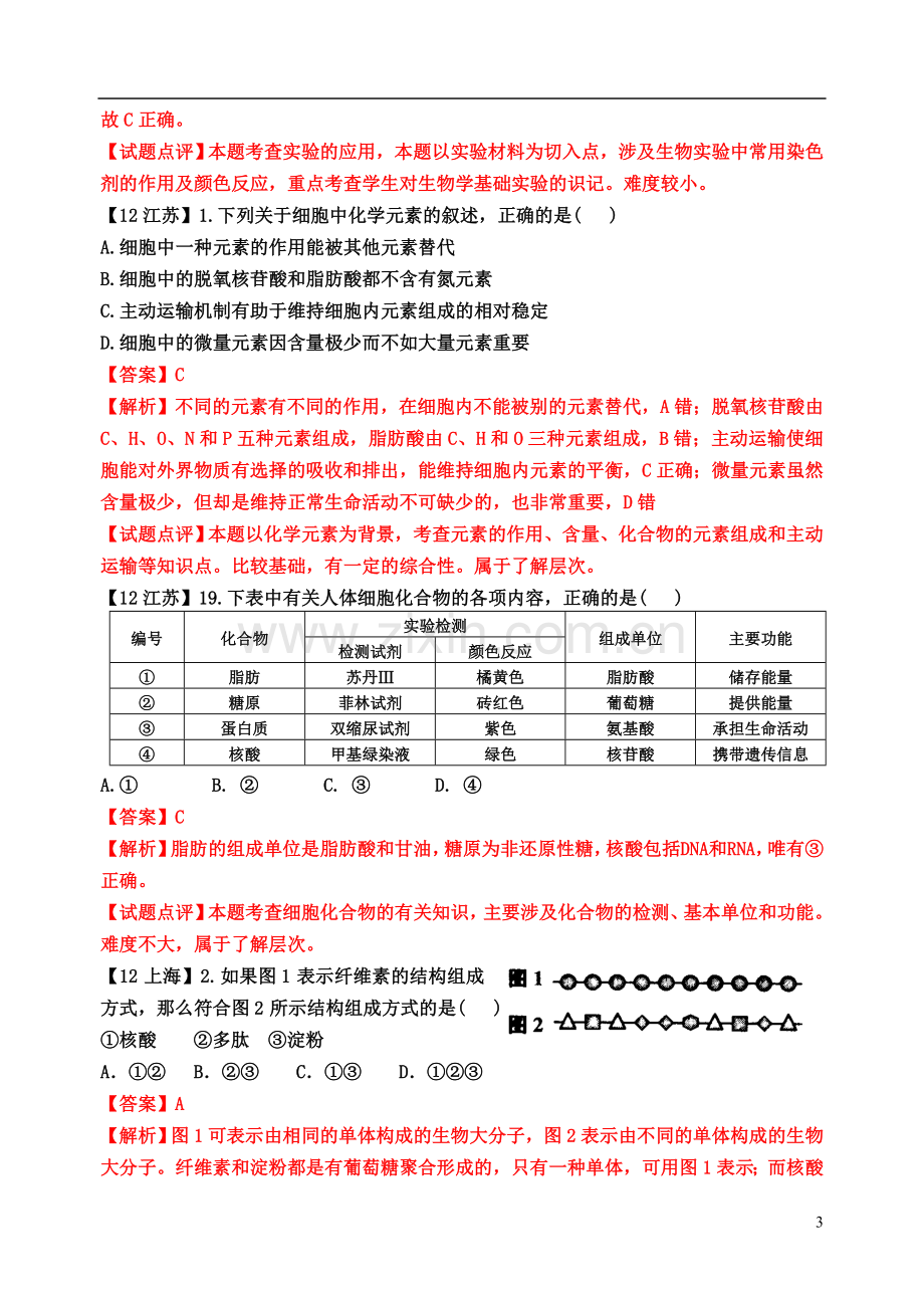 高考生物试题分类汇编组成细胞的分子.doc_第3页