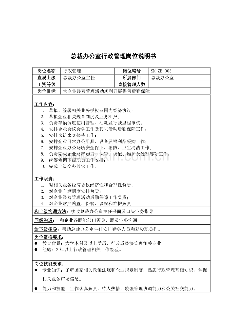 总裁办公室行政管理岗位职责样本.doc_第1页