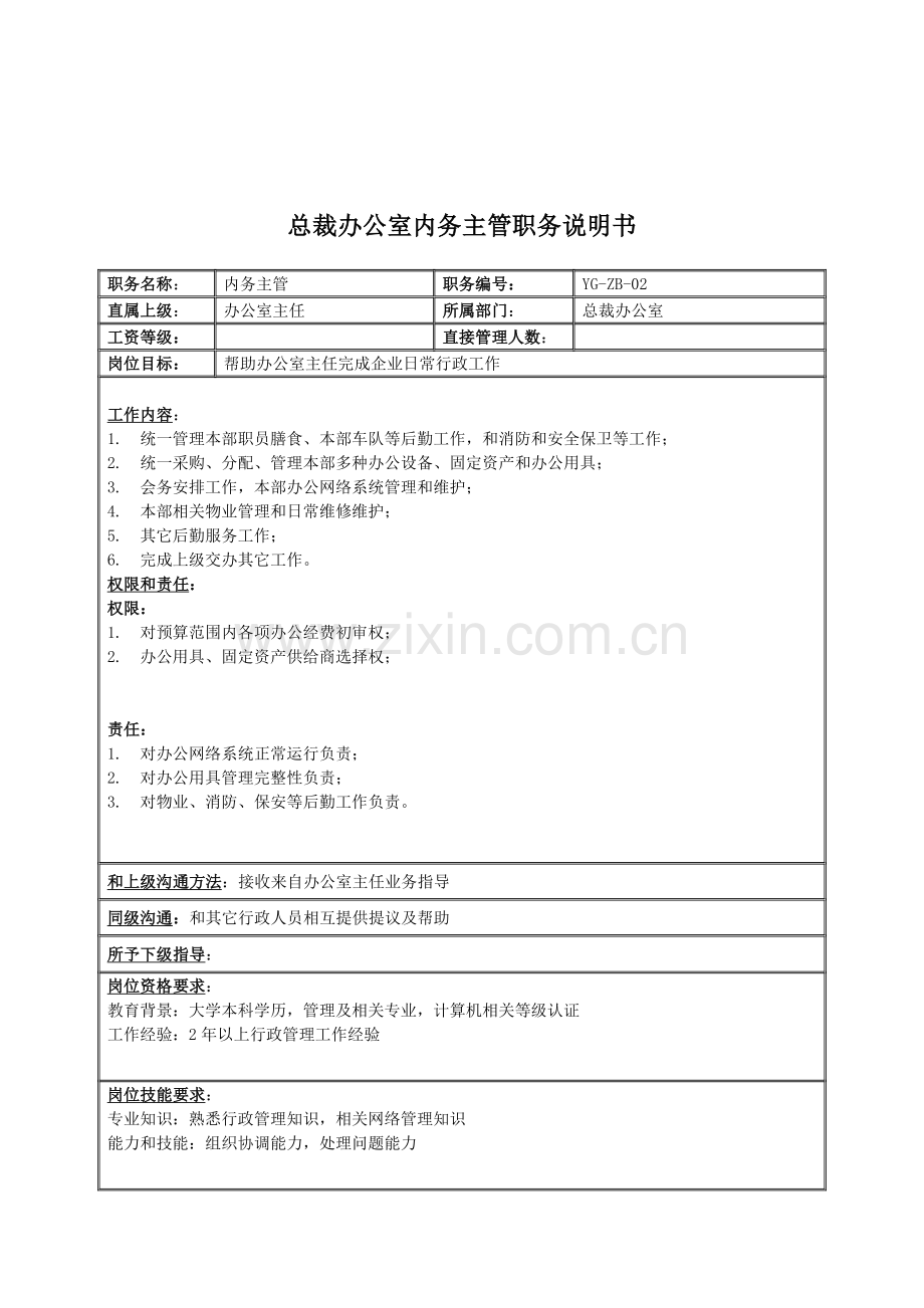 总裁办公室内务主管岗位职责样本.doc_第1页