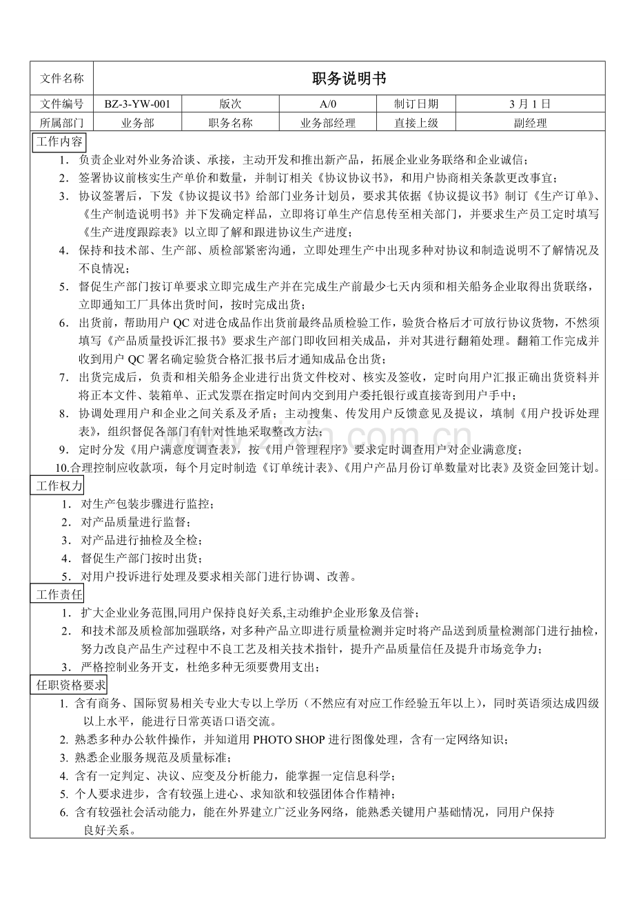 业务部职务说明书样本.doc_第1页