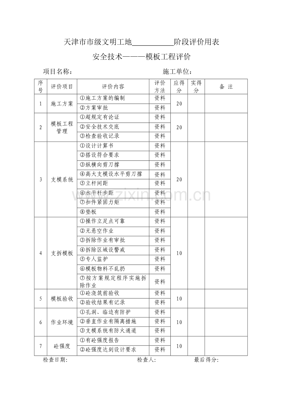 天津市市级文明工地阶段评价用表.doc_第1页