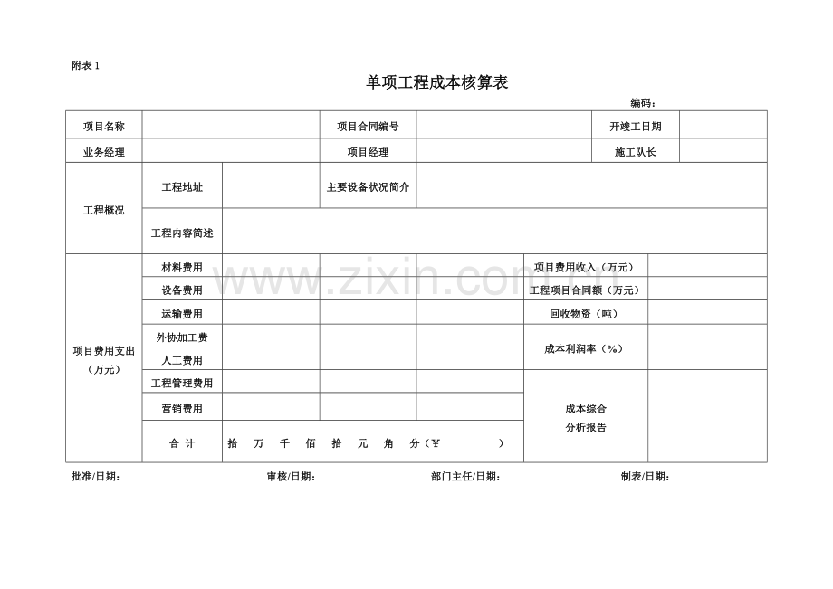 零星工程成本核算表格计划部范本.doc_第1页