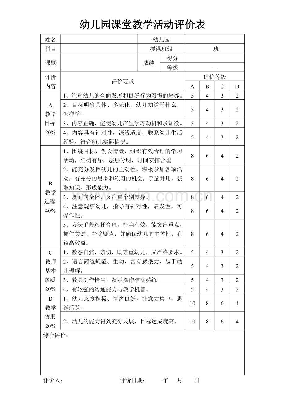 幼儿园课堂教学活动评价表.doc_第1页