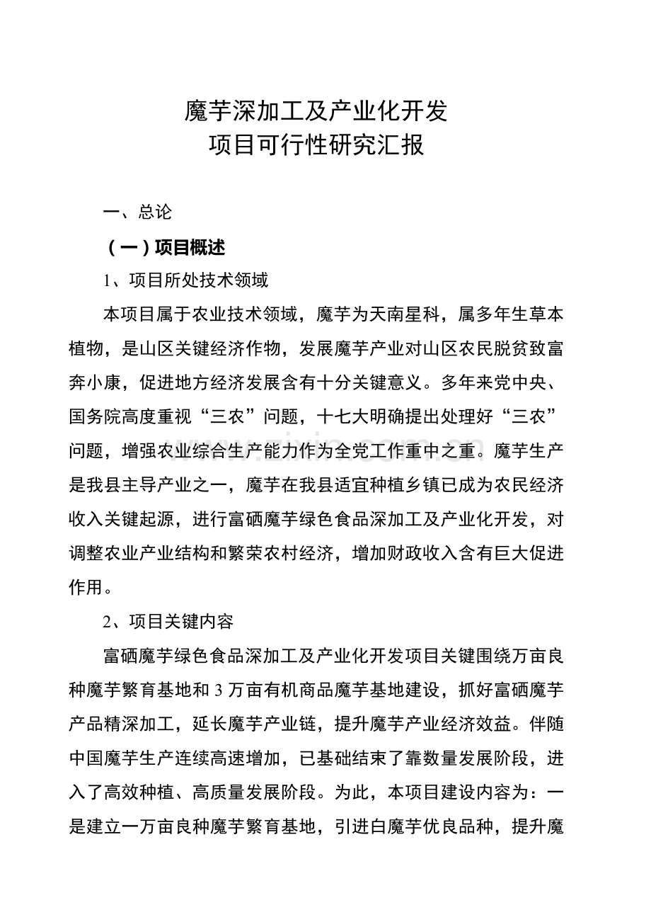 魔芋深加工及产业化开发项目可行性研究报告样本.doc_第1页