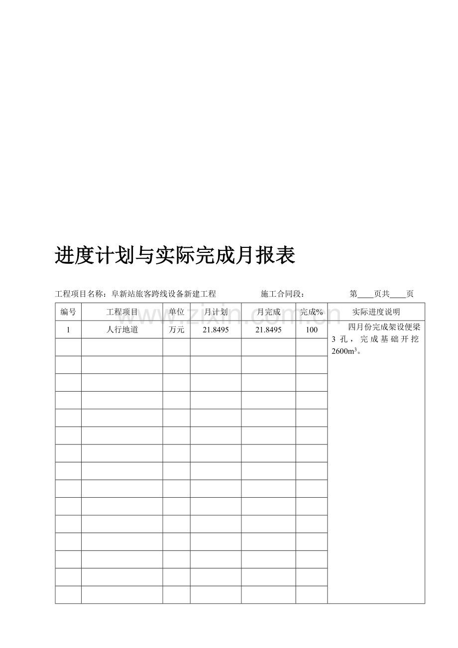 进度计划与实际完成月报表.doc_第1页