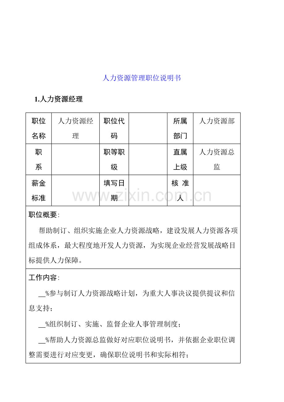 公司人力资源管理职位说明书样本.doc_第1页