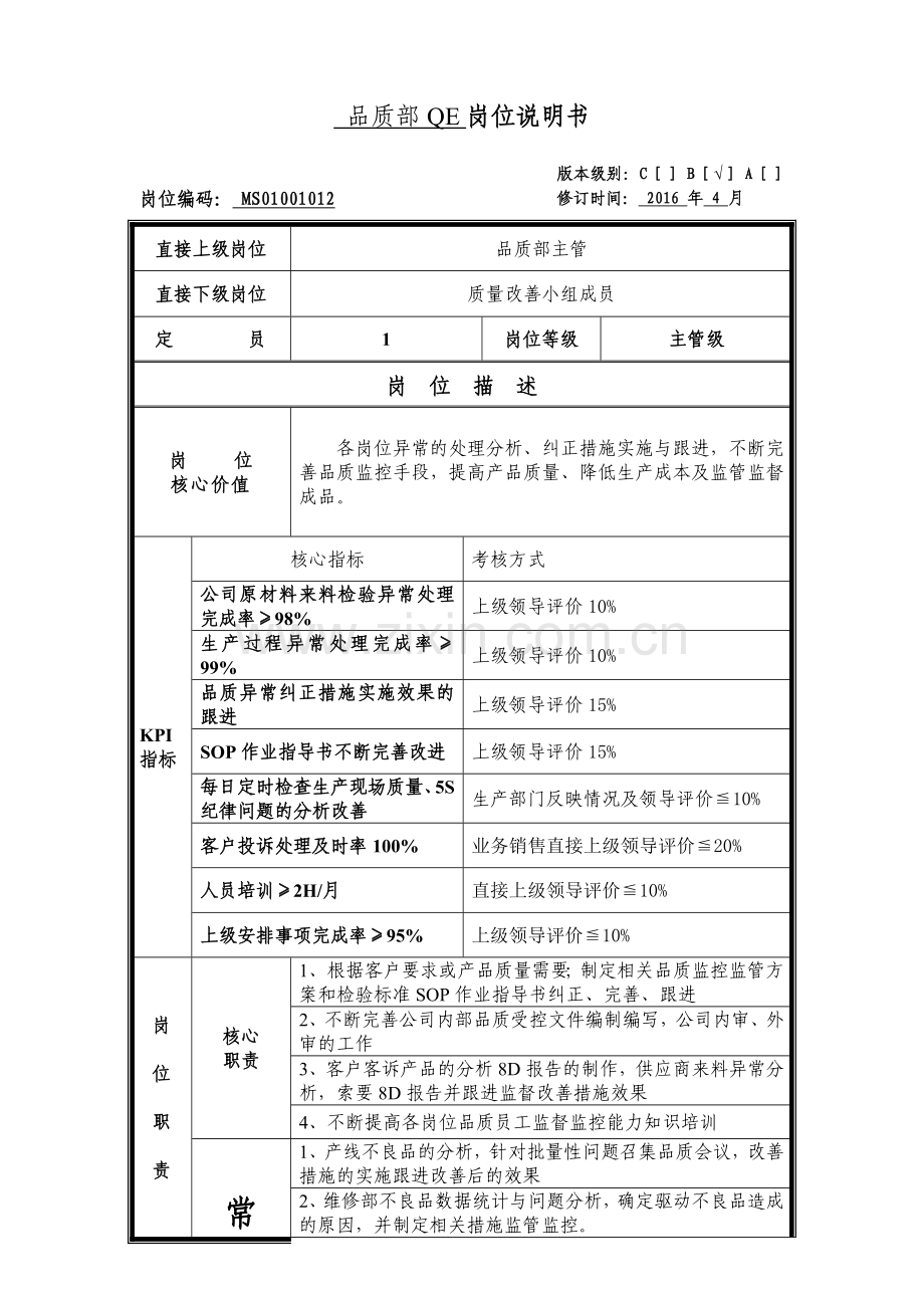 品质部QE岗位说明书1.doc_第1页