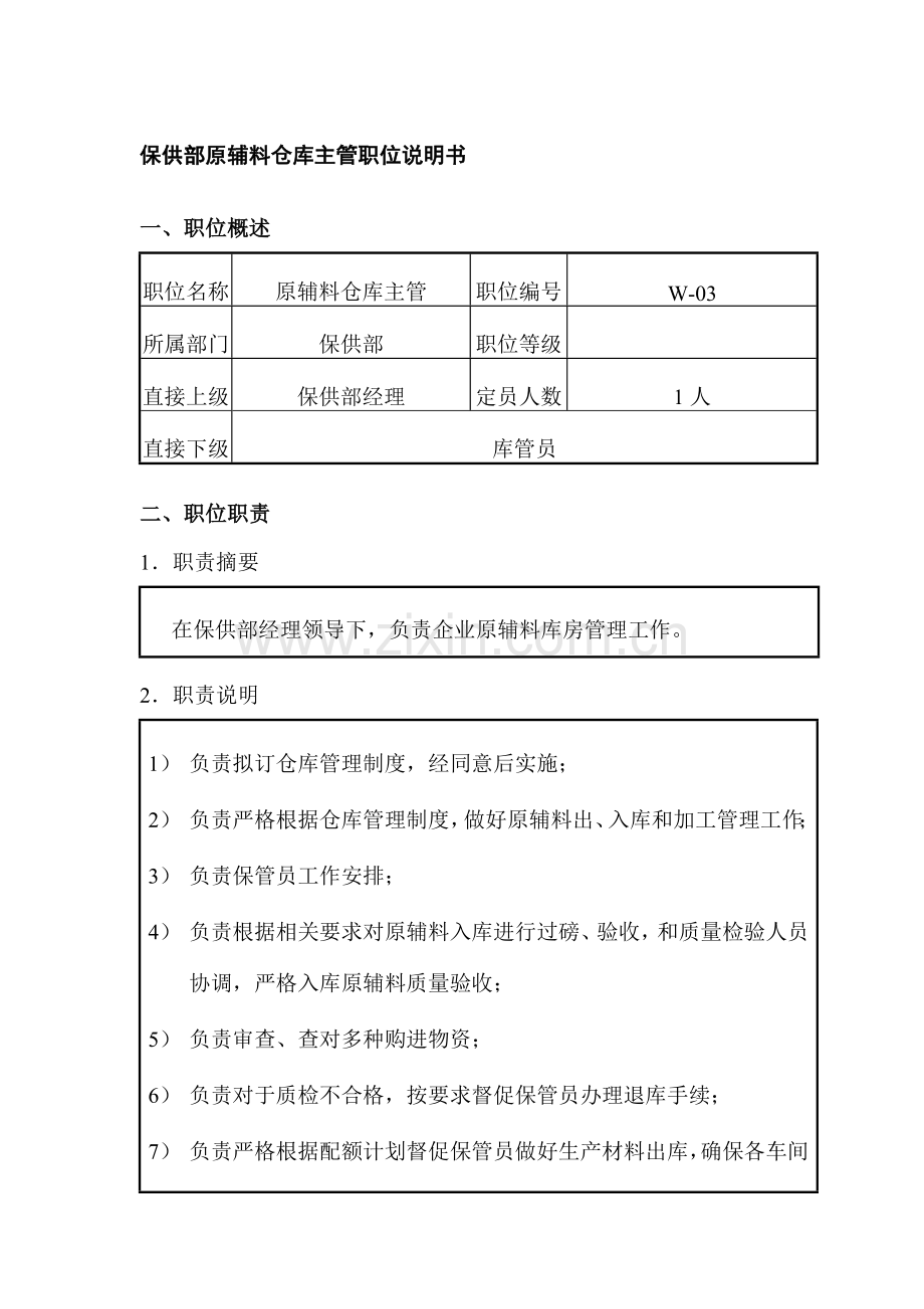 公司保供部原辅料仓库主管职位说明书样本.doc_第1页