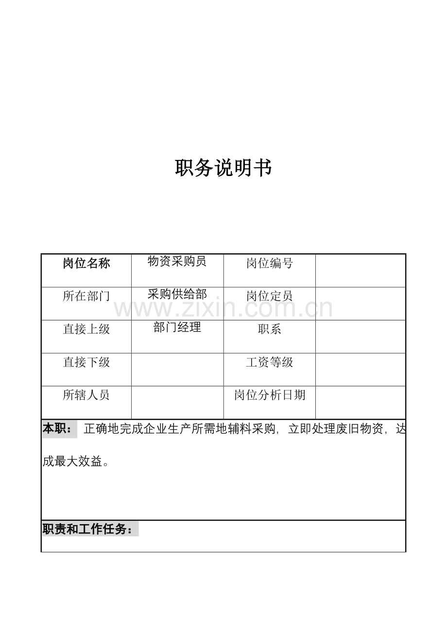 化纤工艺公司物资采购员职务说明书样本.doc_第1页