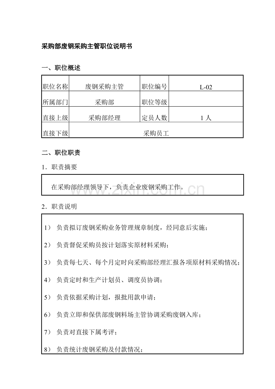 公司采购部废钢采购主管职位说明书样本.doc_第1页