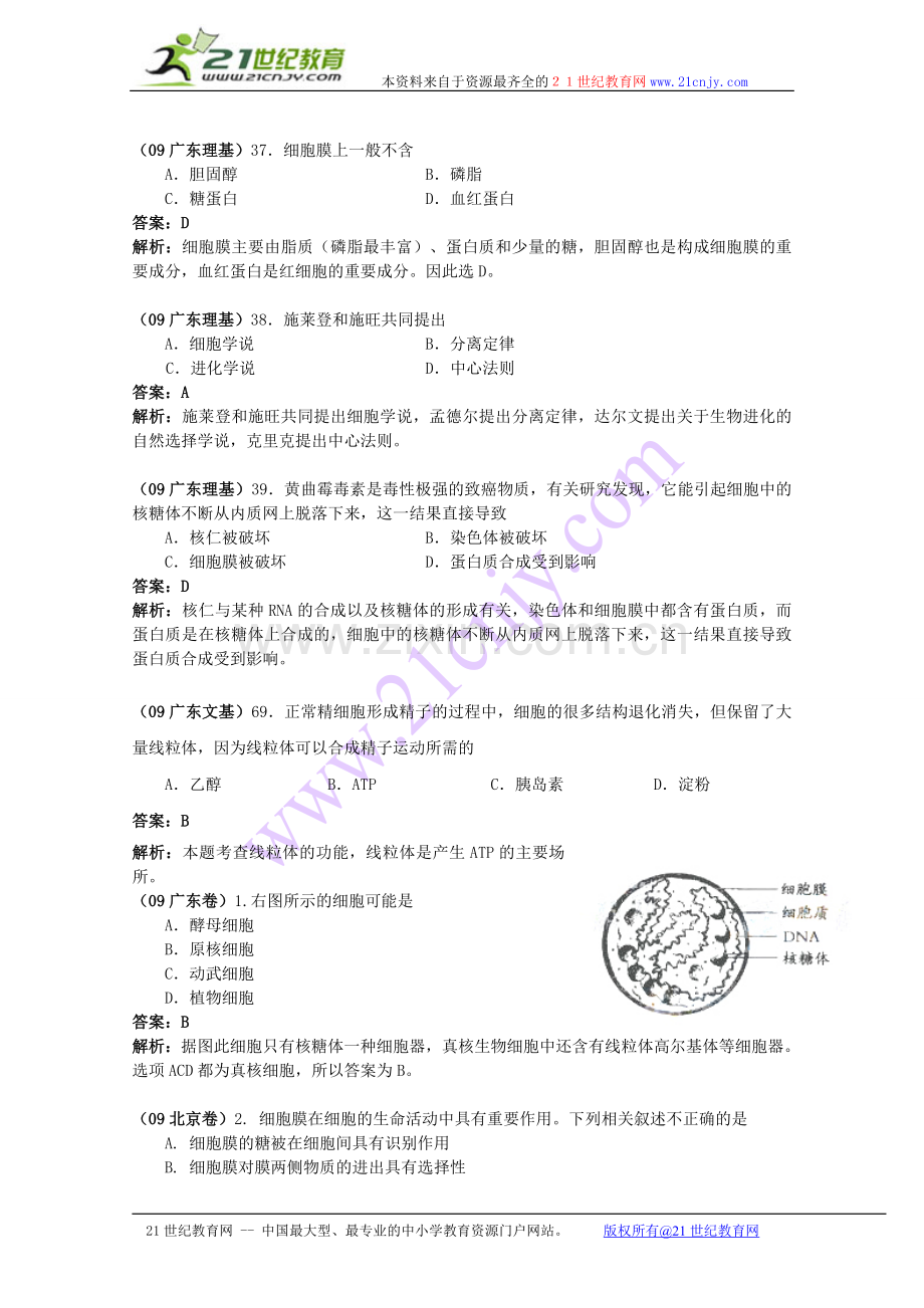 高考生物试题分类汇编含答案解析——生命的物质基础细胞.doc_第3页