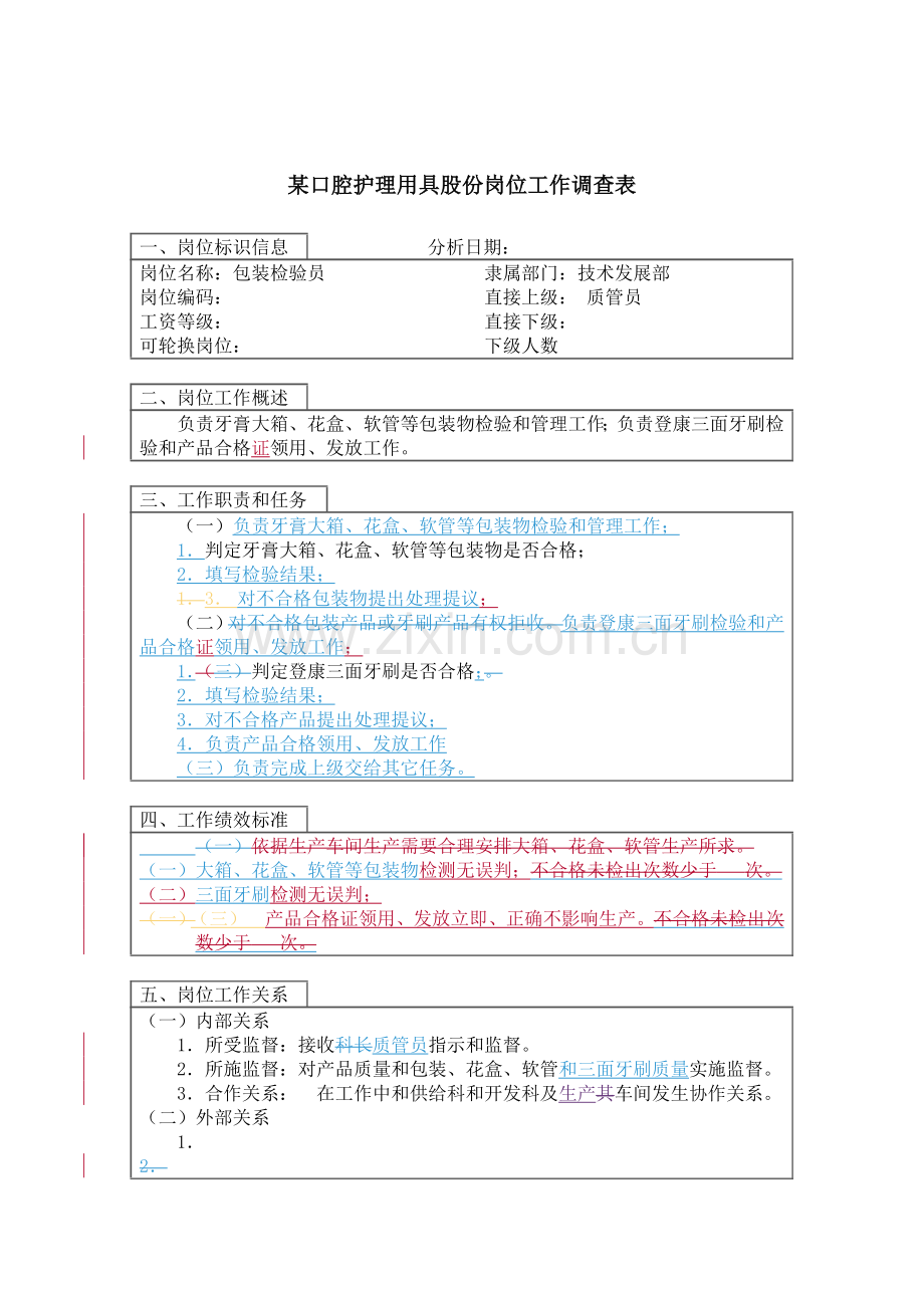 口腔用品公司包装检验员职务说明书样本.doc_第1页