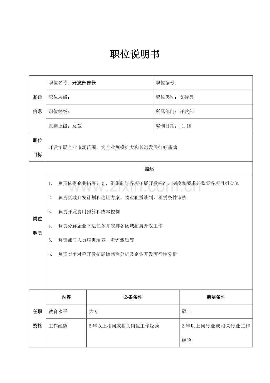 总部开发部岗位说明书样本.doc_第1页