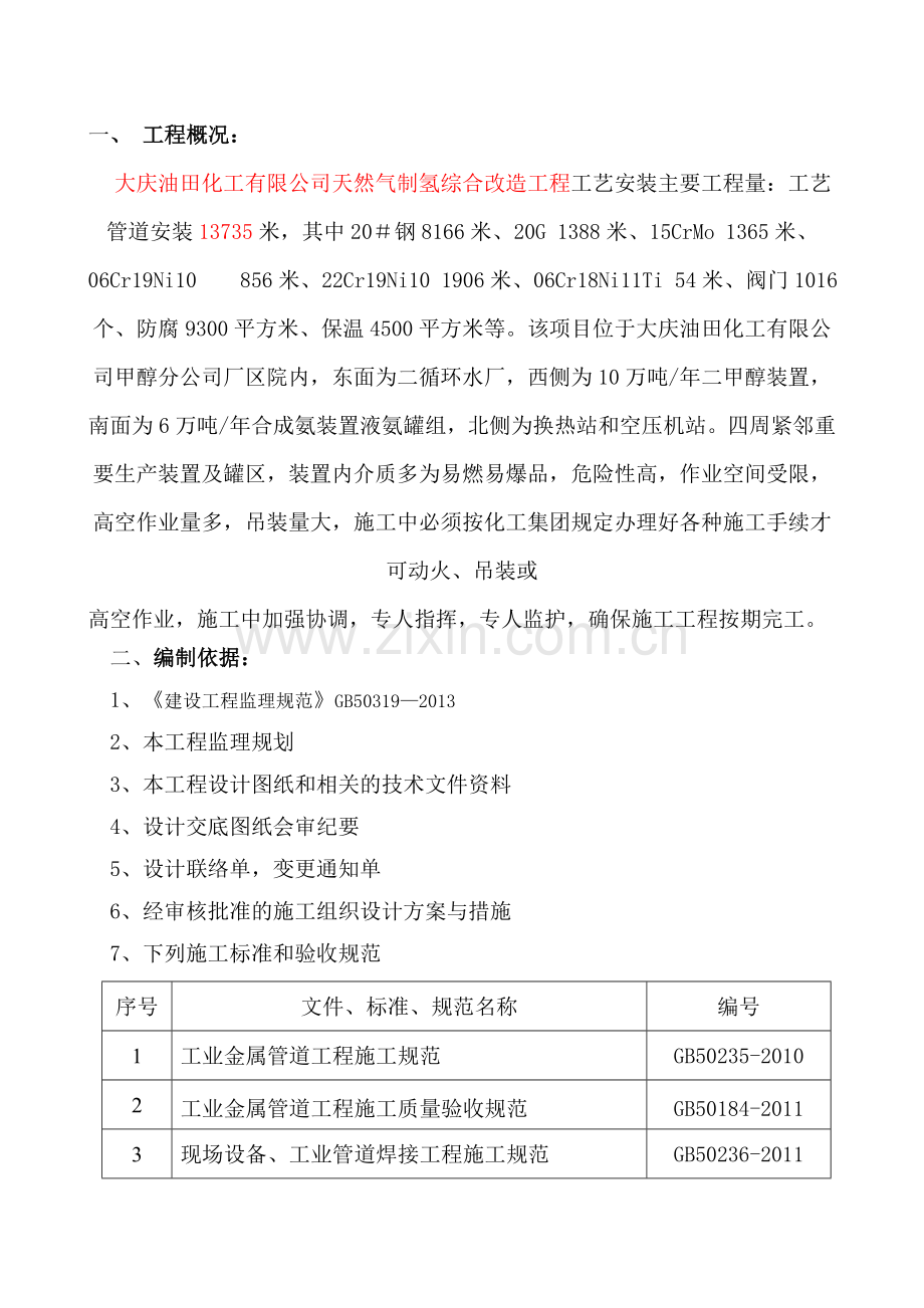 大庆油田化工有限公司公司天然气制氢工艺安装监理实施细则.doc_第1页