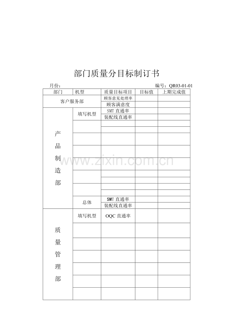 部门质量分目标制订书.doc_第1页