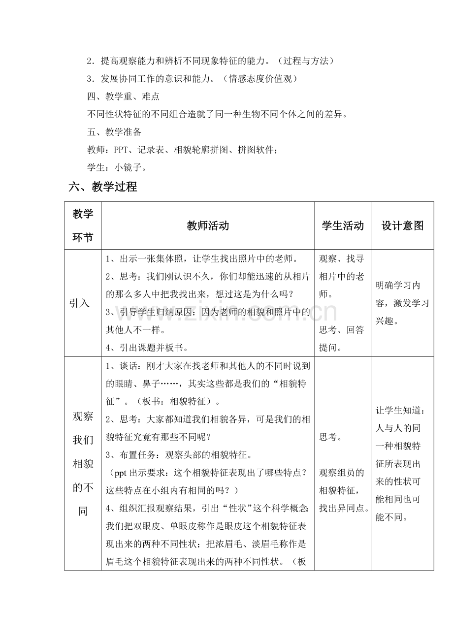 小学科学六年级上册《相貌各异的我们》教学设计.doc_第2页