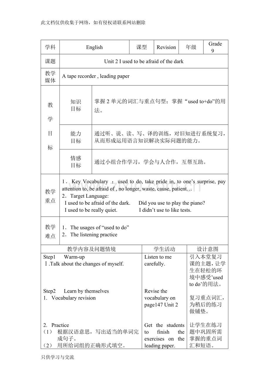 初三unit2iusedtobeafraidofthedark教学设计与反思教案资料.docx_第1页