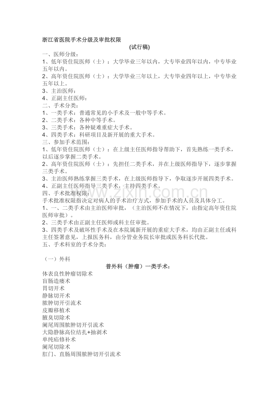 浙江省医院手术分级及审批权限.doc_第1页