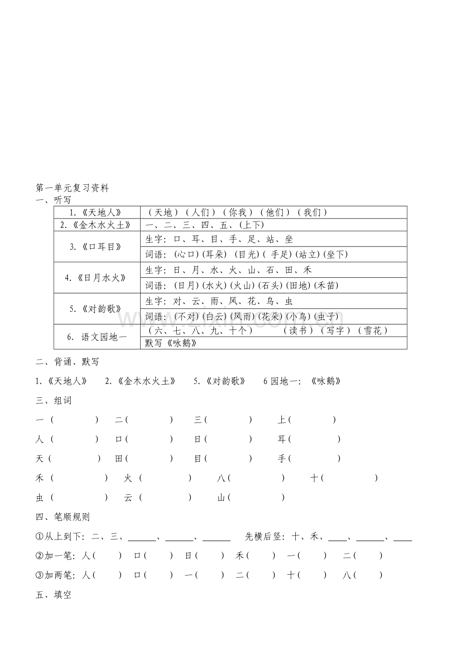 部编小学语文一年级上册单元总复习资料全册.doc_第1页