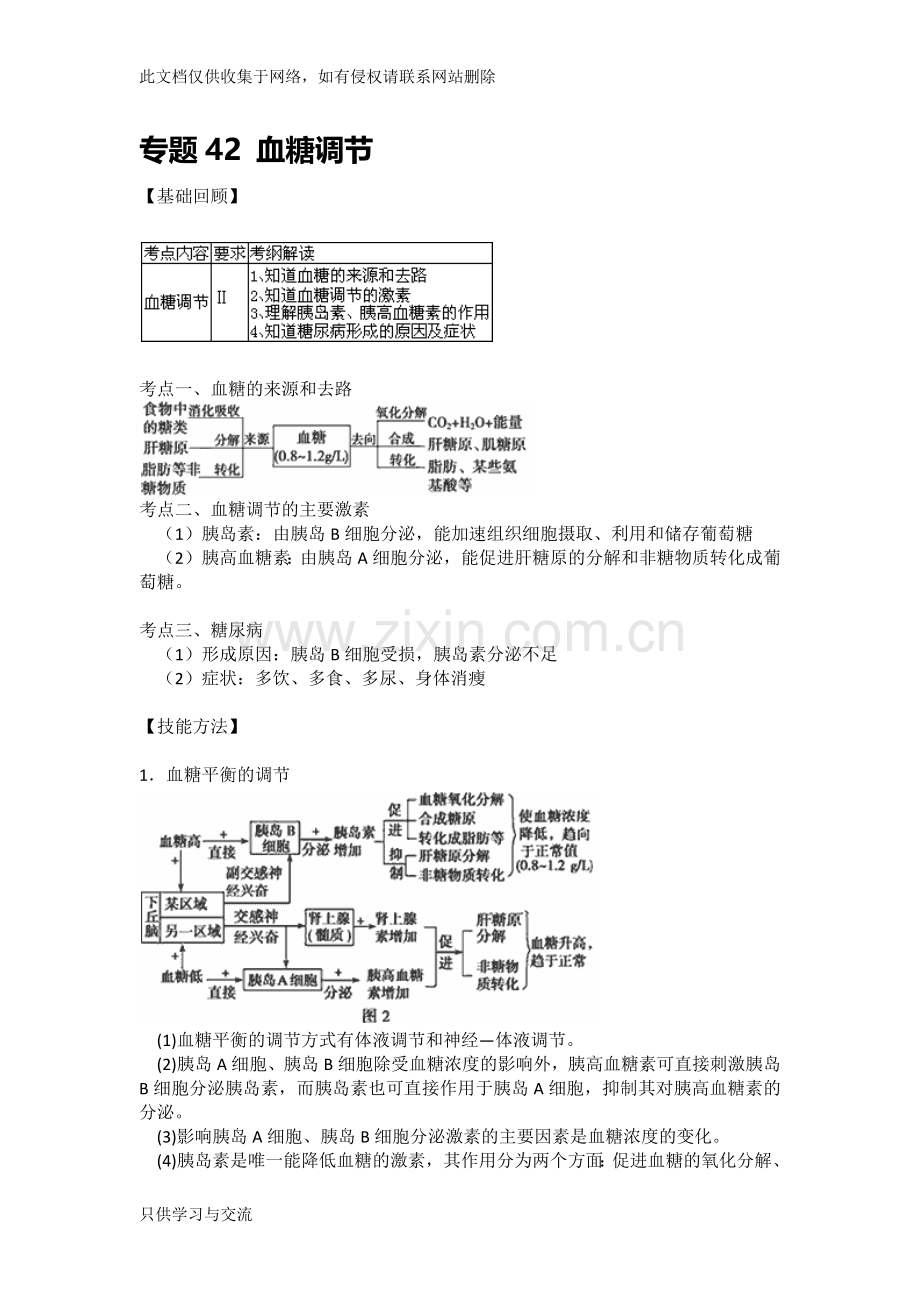 专题42血糖调节复习课程.docx_第1页