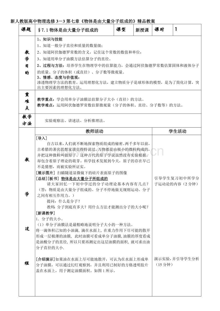 高中物理选修3-3第七章《物体是由大量分子组成的》.doc_第1页