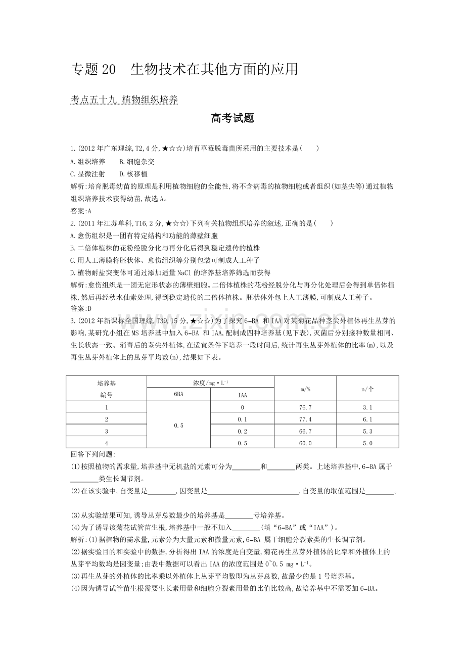 导与练2015版高考生物考点分类汇编：专题20生物技术在其他方面的应用近3年真题-模拟.doc_第1页