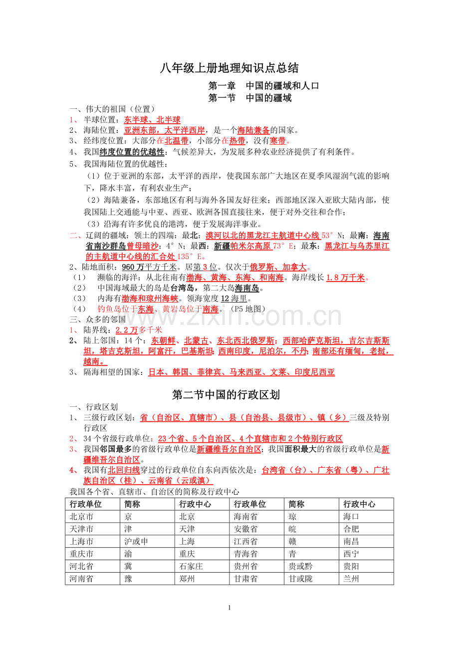 湘教版版八年级上册地理知识点总结50462复习进程.doc_第1页