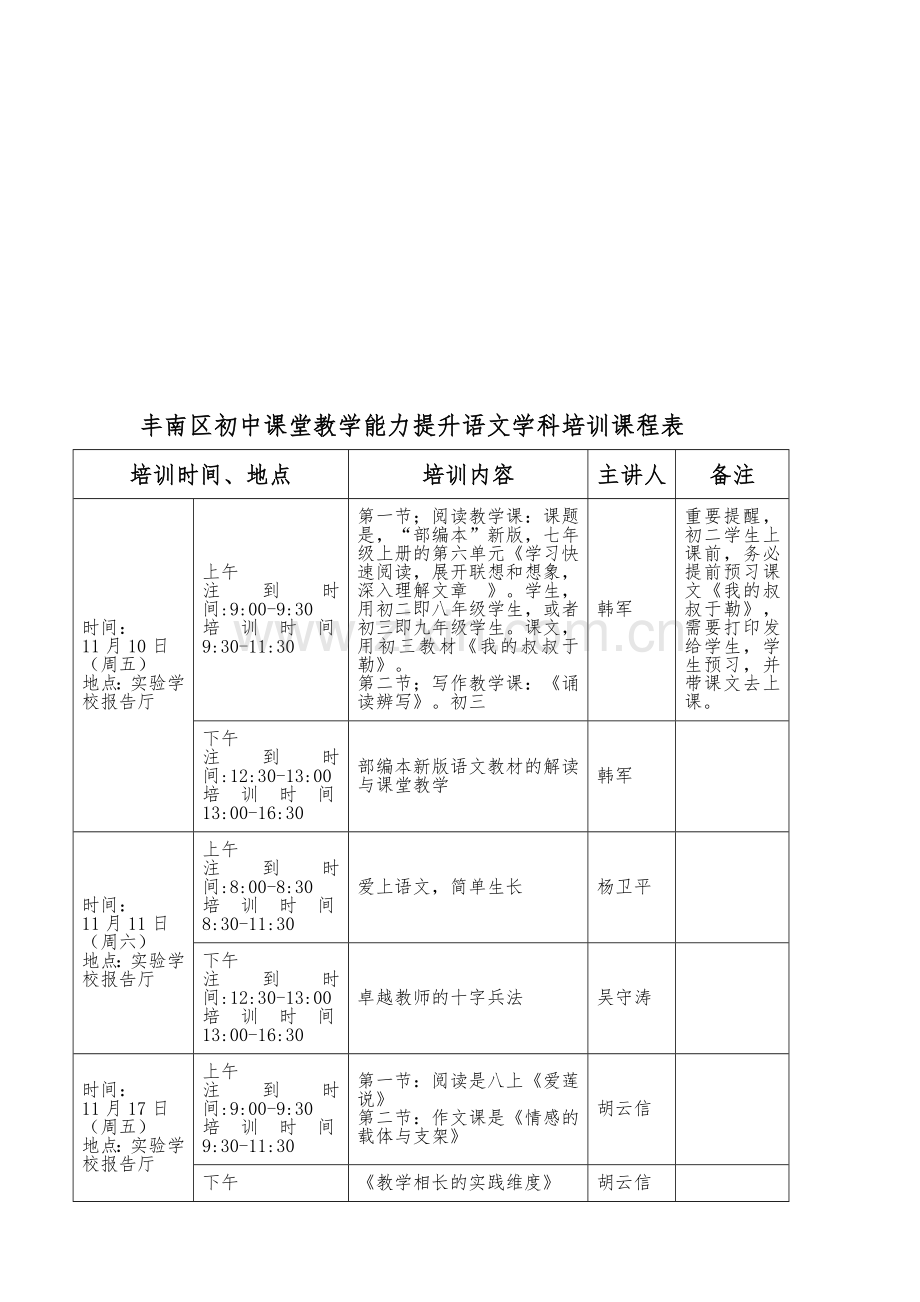 丰南区初中课堂教学能力提升语文学科培训课程表资料.doc_第1页