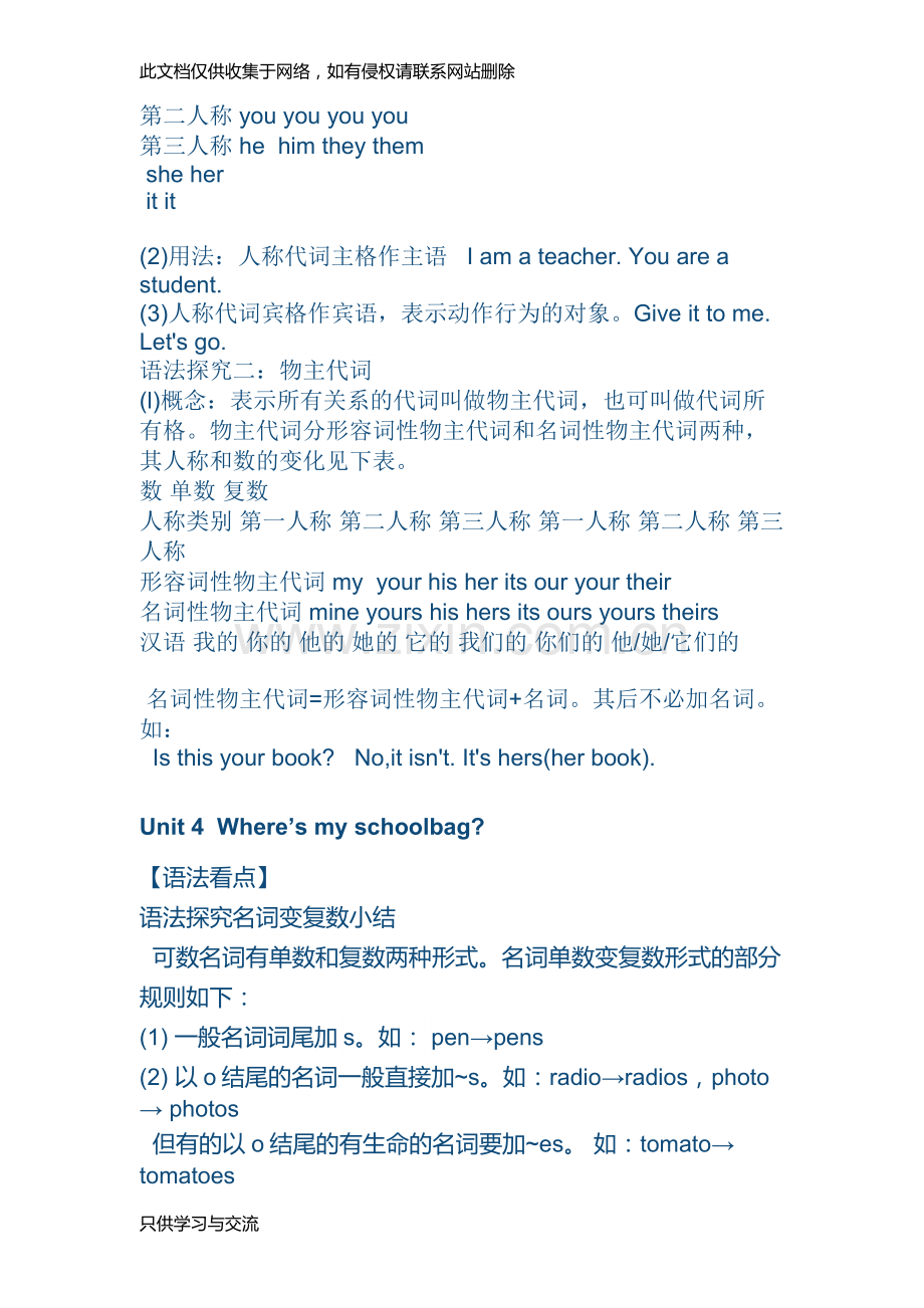 初一英语上册各单元语法知识点复习总结word版本.docx_第3页