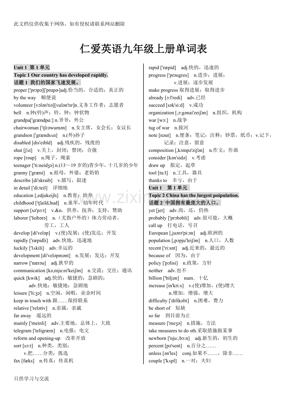 仁爱英语九年级上册单词表(含音标)学习资料.doc_第1页