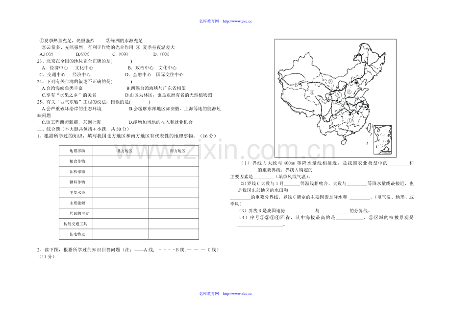 八年级地理下册期中测试卷人教版[1]演示教学.doc_第2页