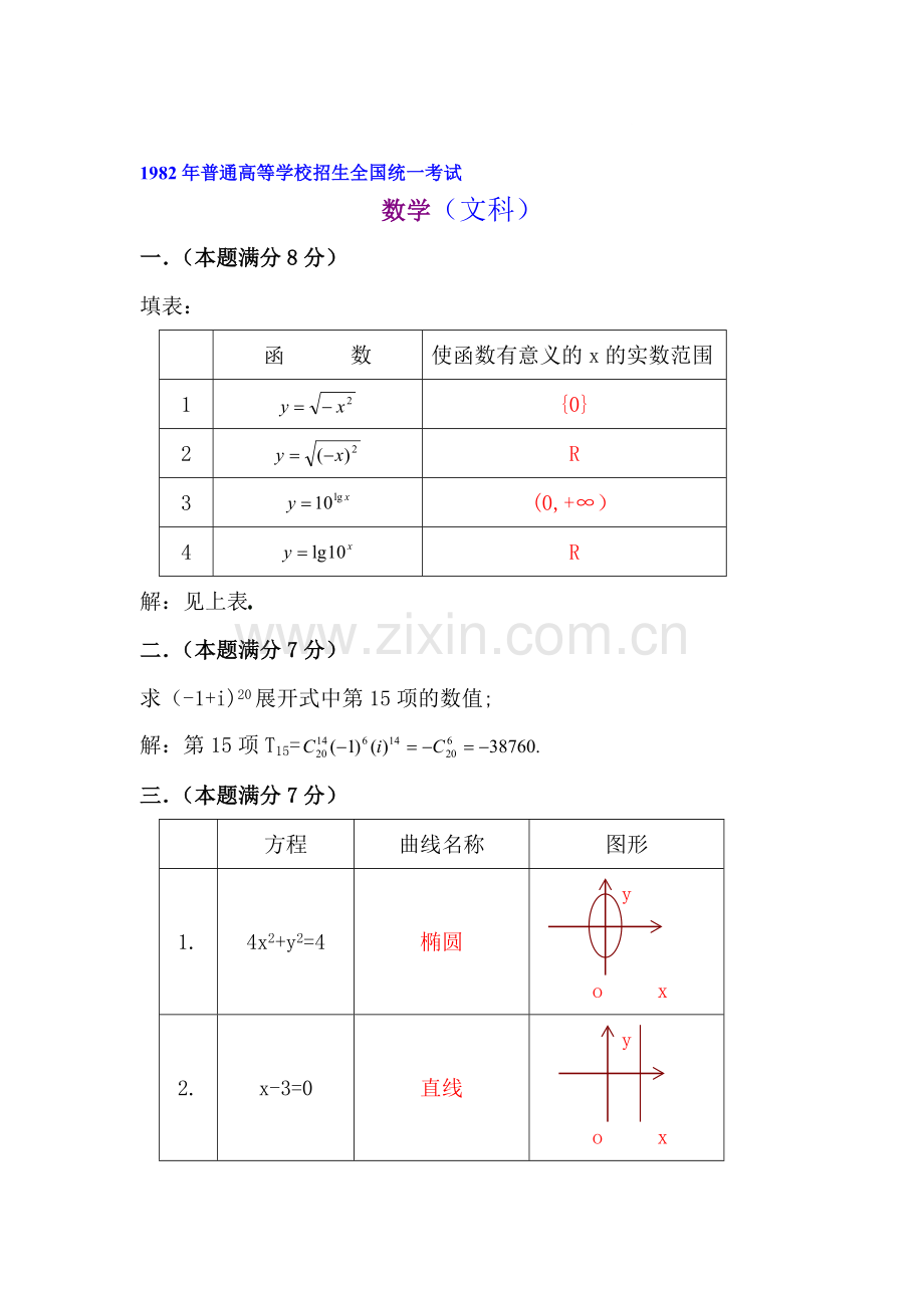 1982年普通高等学校招生全国统一考试.文科数学试题及答案资料.doc_第1页