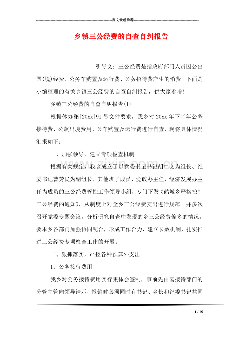 乡镇三公经费的自查自纠报告.doc_第1页