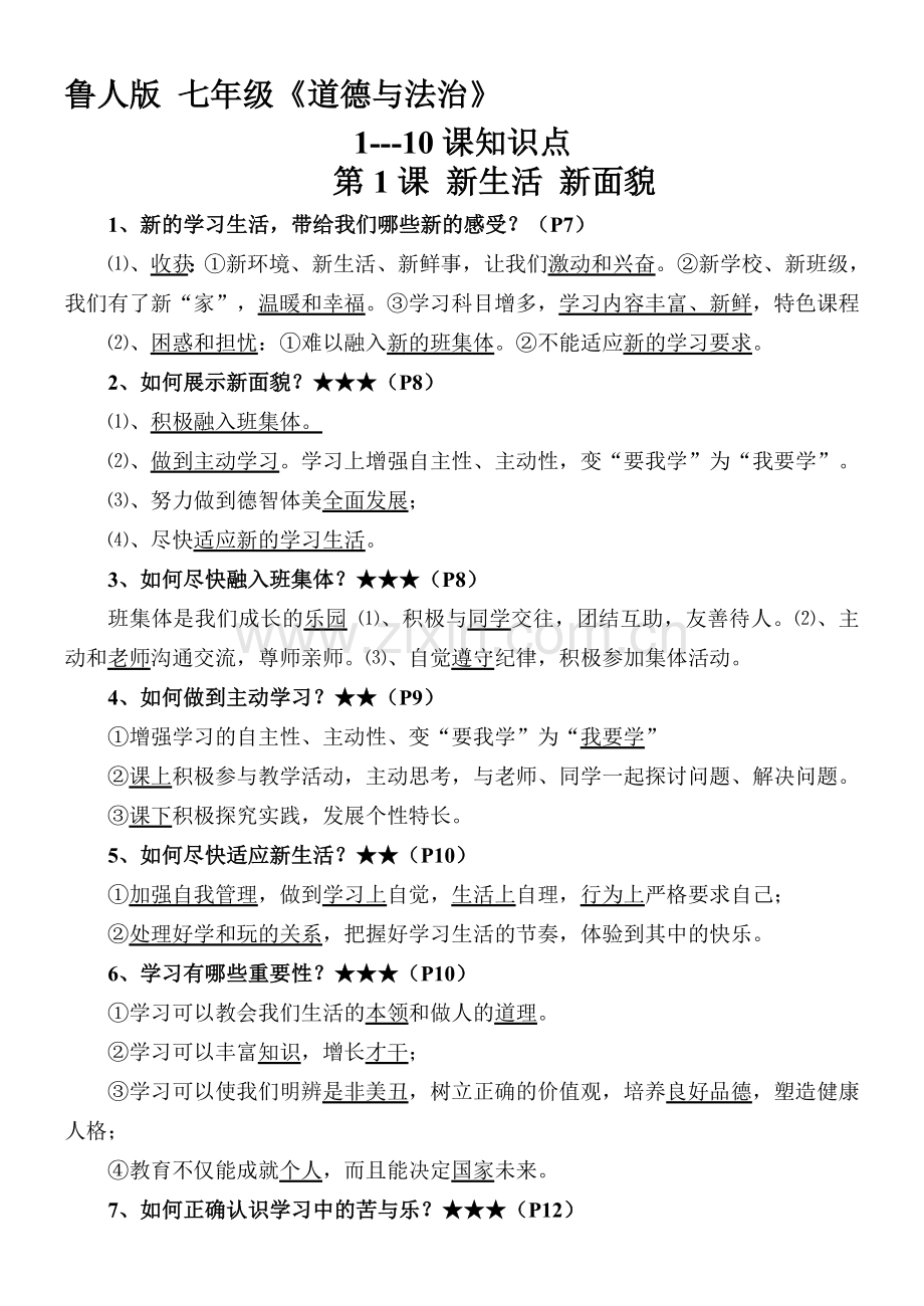 鲁人版道德与法制七年级上册知识要点总结全册.doc_第1页