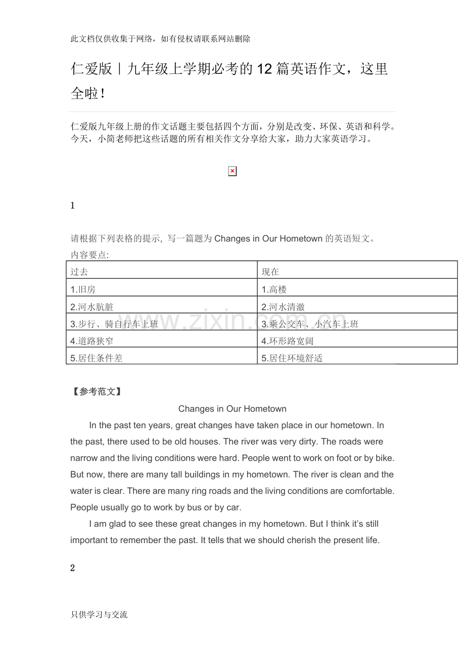 仁爱版九年级上学期必考的12篇英语作文教学提纲.doc_第1页