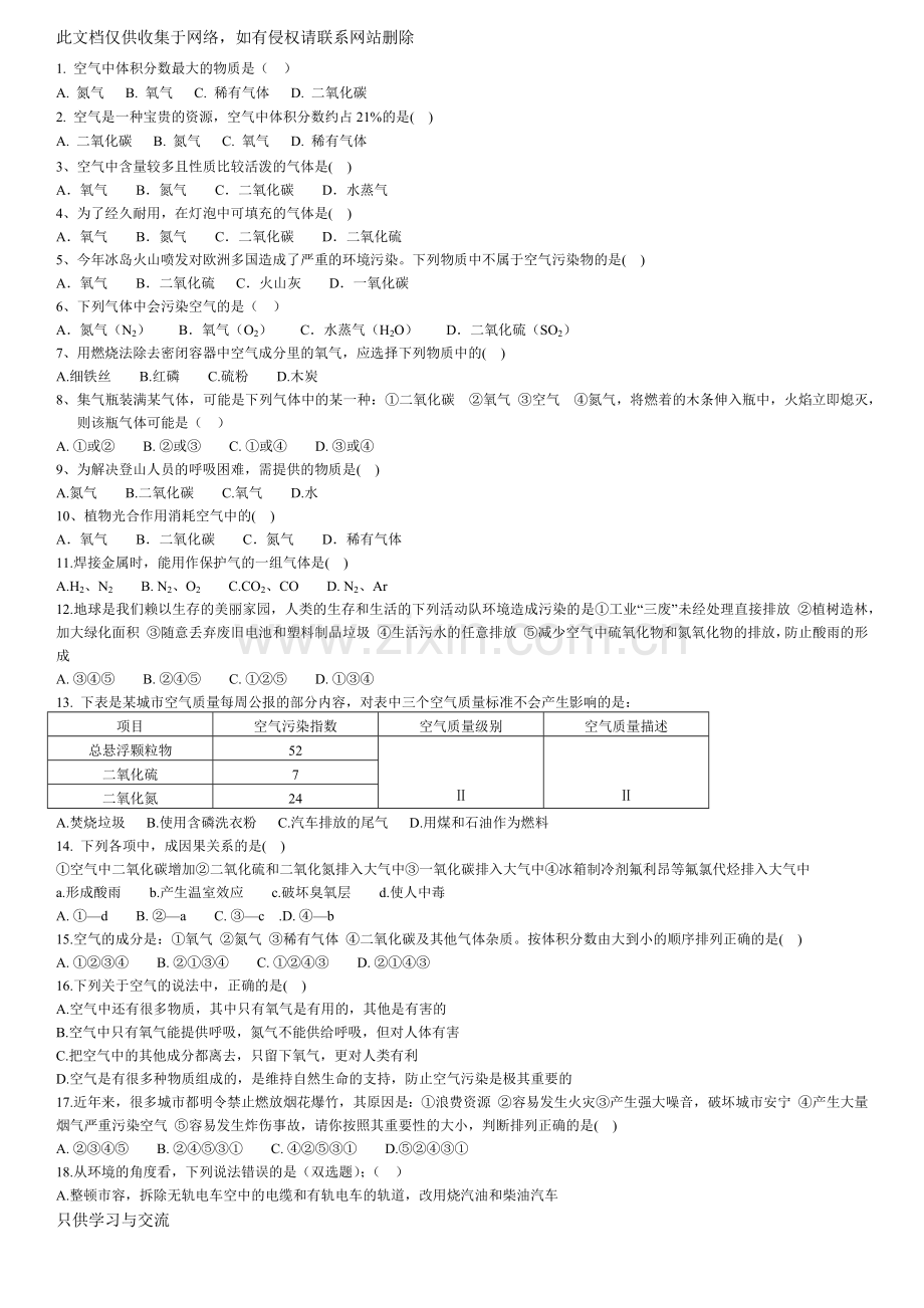 初三化学空气练习题及答案word版本.docx_第1页