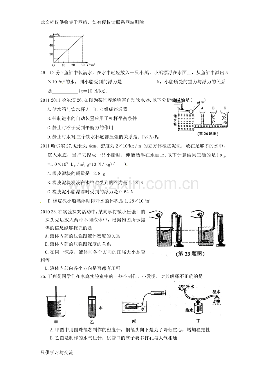 哈尔滨市中考浮力压强专题练习知识分享.doc_第2页