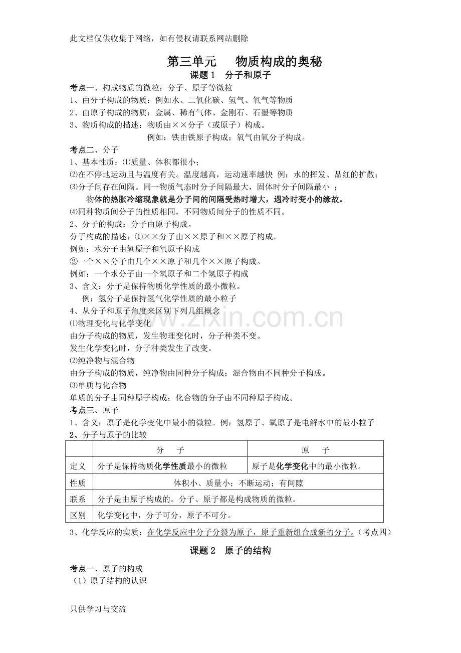 初三化学人教版第三单元四单元知识点总结复习进程.doc_第1页