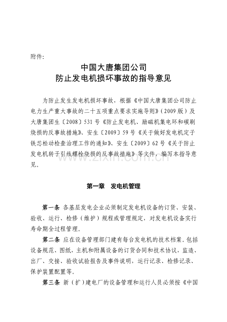 《中国大唐集团公司防止发电机损坏事故的指导意见》.doc_第1页