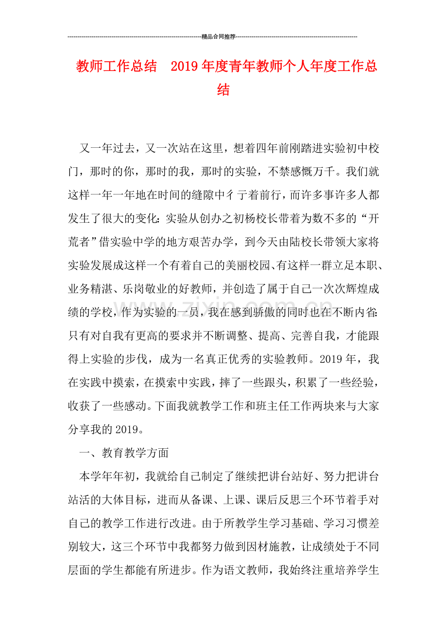 教师工作总结--2019年度青年教师个人年度工作总结.doc_第1页