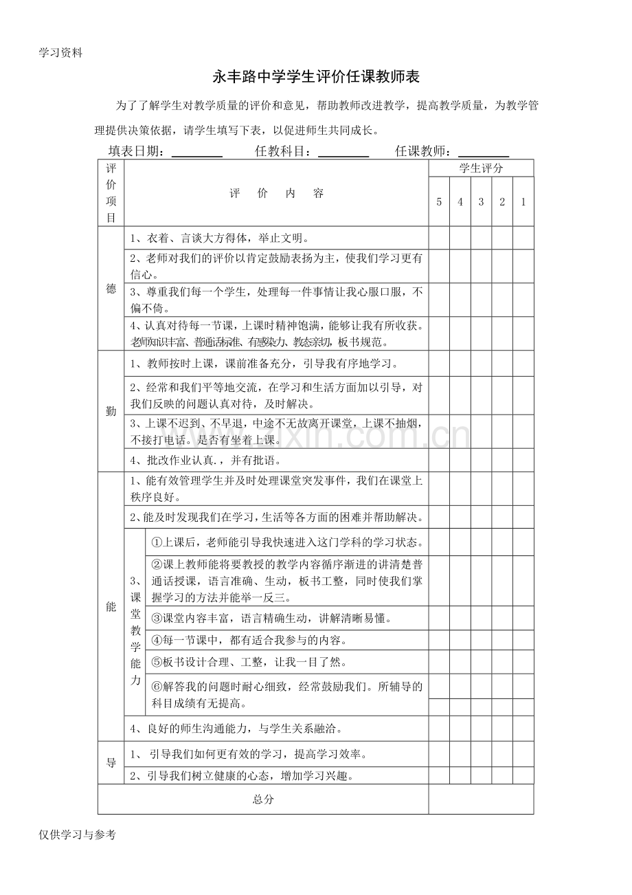 学生对教师评价表资料.doc_第1页