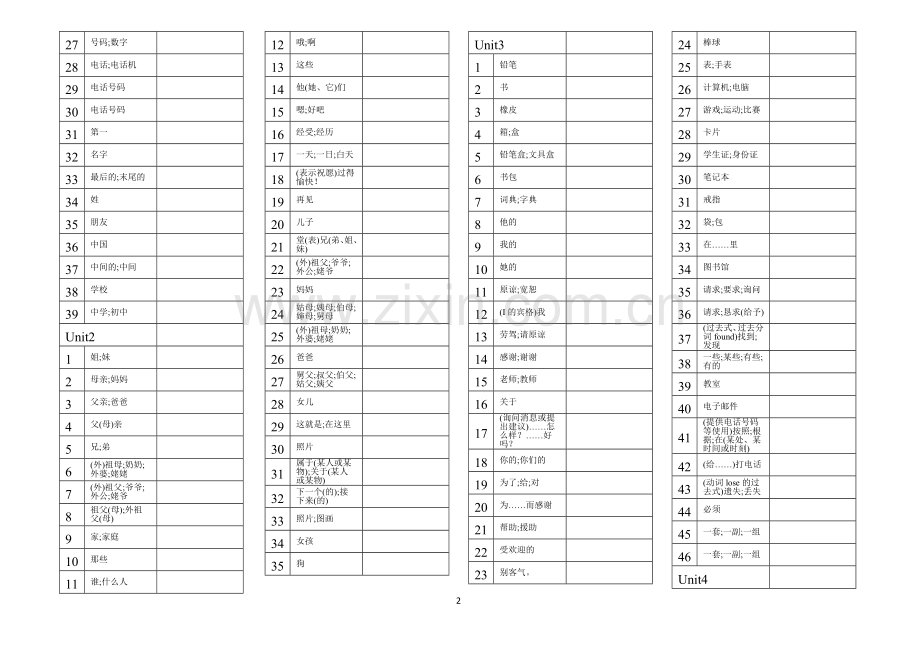 七年级上册英语单词默写表(直接打印)培训资料.doc_第2页