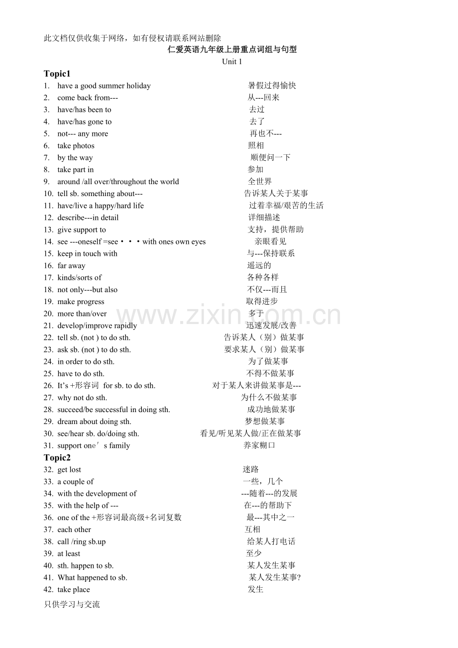 仁爱英语九年级上册重点词组与句型复习过程.doc_第1页