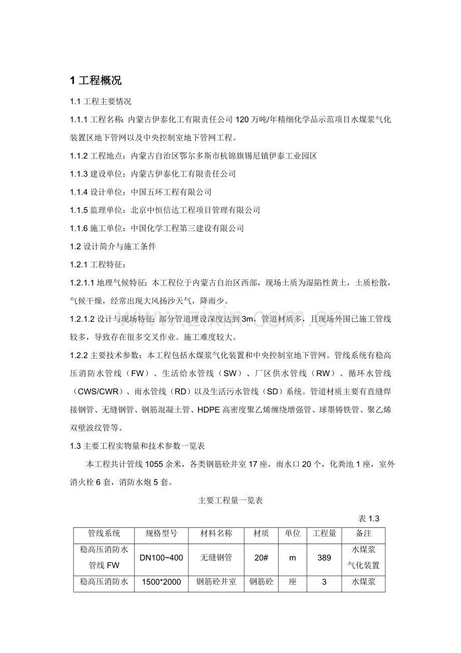 《120万吨-年精细化学品示范项目水煤浆气化装置区地下管网以及中央控制室地下管网工程施工方案》.doc_第1页